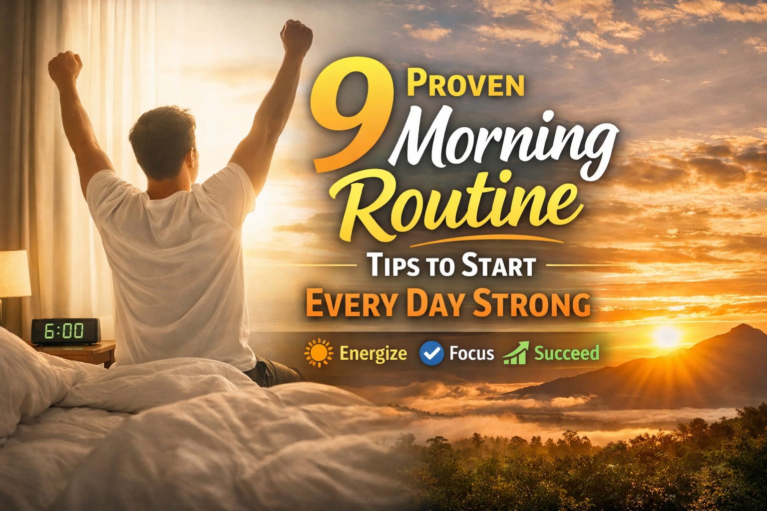 Morning routine tips showing a man waking up energized at sunrise to start the day strong