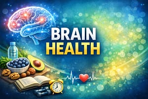 Brain health illustration showing a glowing human brain with healthy foods like blueberries, avocado, nuts, and symbols of mental wellness