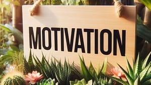 Motivation wooden sign surrounded by green plants symbolizing inspiration, positive mindset, and personal growth