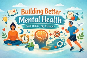 Illustration of mental health with a meditating woman, a jogging man, brain symbol, clock, and wellness icons representing small daily habits for emotional well-being.