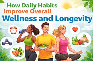 Wellness and longevity illustrated through daily healthy habits including exercise, balanced nutrition, hydration, meditation, and active lifestyle routines