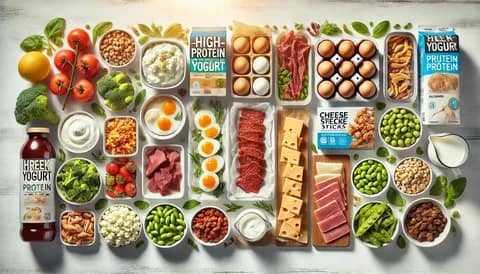 High protein snacks with eggs, yogurt, nuts, lean meat, and vegetables arranged on a white table for healthy eating.