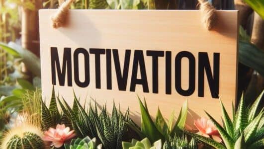Motivation wooden sign surrounded by green plants symbolizing inspiration, positive mindset, and personal growth