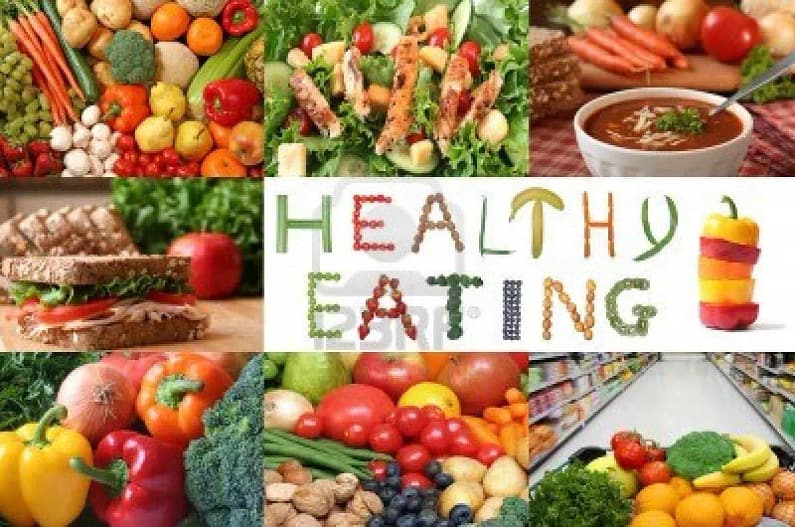 Colorful collage of fruits, vegetables, salads, and healthy meals promoting Healthy Eating and a Healthy Lifestyle for wellness and home décor inspiration.