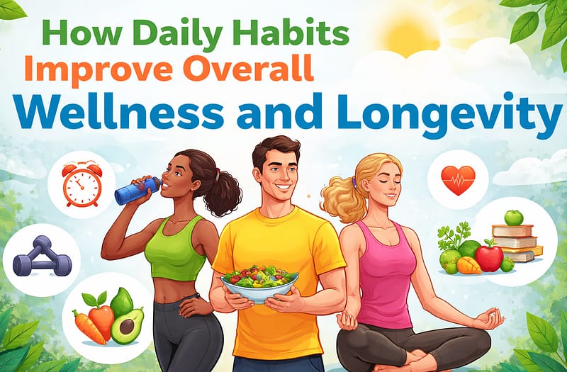 Wellness and longevity illustrated through daily healthy habits including exercise, balanced nutrition, hydration, meditation, and active lifestyle routines