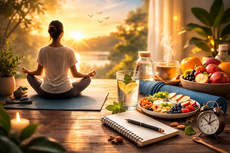 Woman practicing morning meditation indoors with fresh fruits, herbal tea, lemon water, journal, and yoga mat in warm sunrise light representing daily wellness practices.